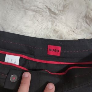 HUGO Black Suit Trousers with Red Stitching